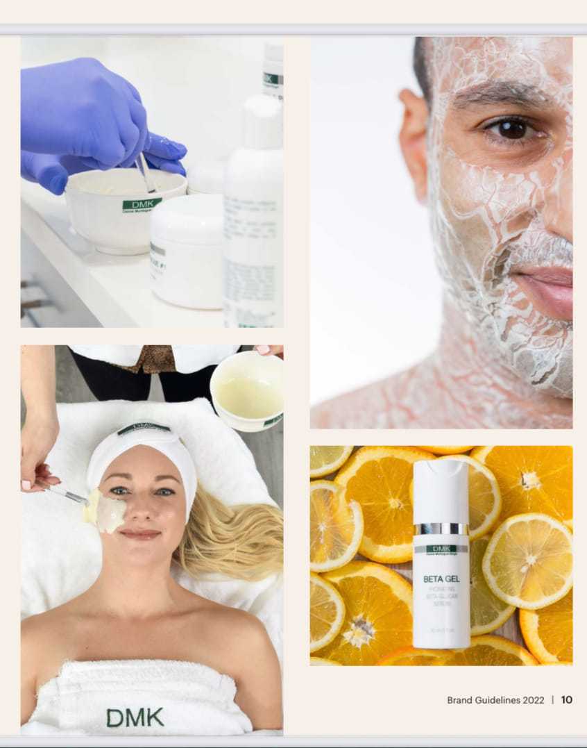 Skincare treatments: face mask application, product mixing, and Beta Gel with sliced oranges.